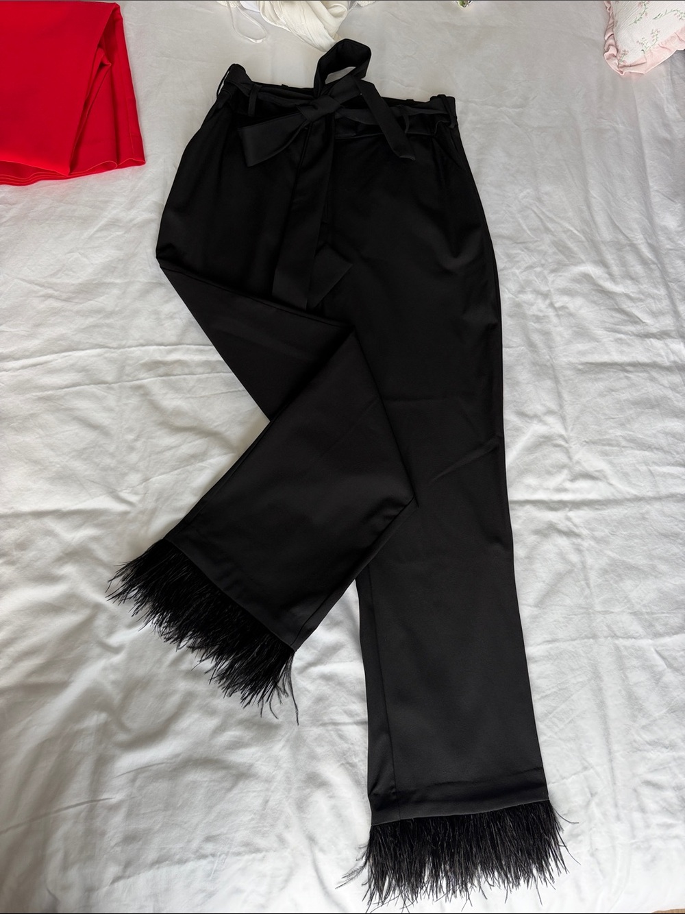 NBD Black Wide-Leg Feather-Hem Pants